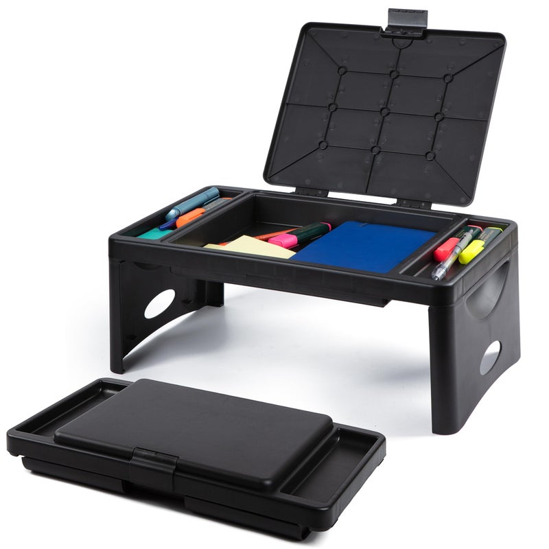 Loddie Doddie Foldable Lap Desk - 9.75 x 12 in, Black, Plastic - Lap Desk with Storage Pocket & Accessory Trays - Kids Travel Tray for Car Seat - Foldable Laptop Table for Small Spaces - Image 1